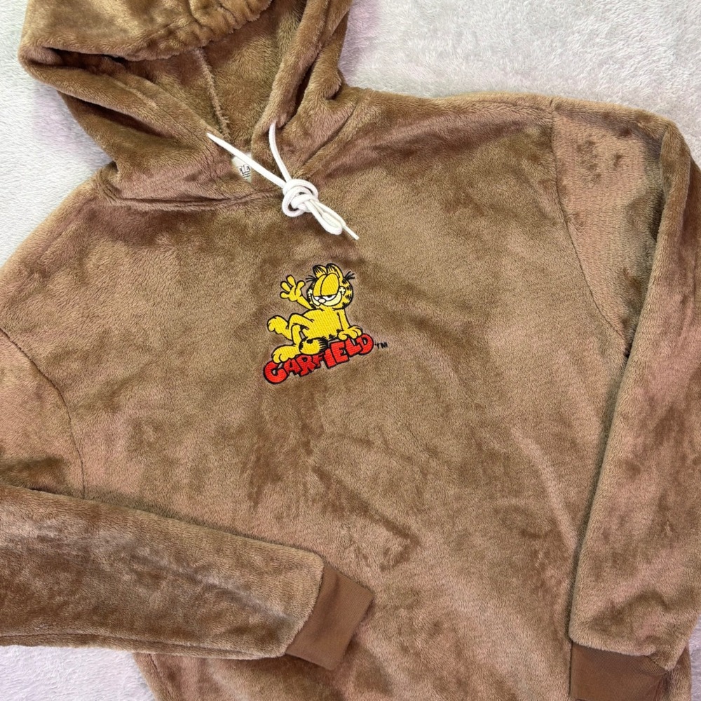 Garfield Women Hoodie XS‎ Brown Faux Fur Fleece Embroidered Nickelodeon Graphic